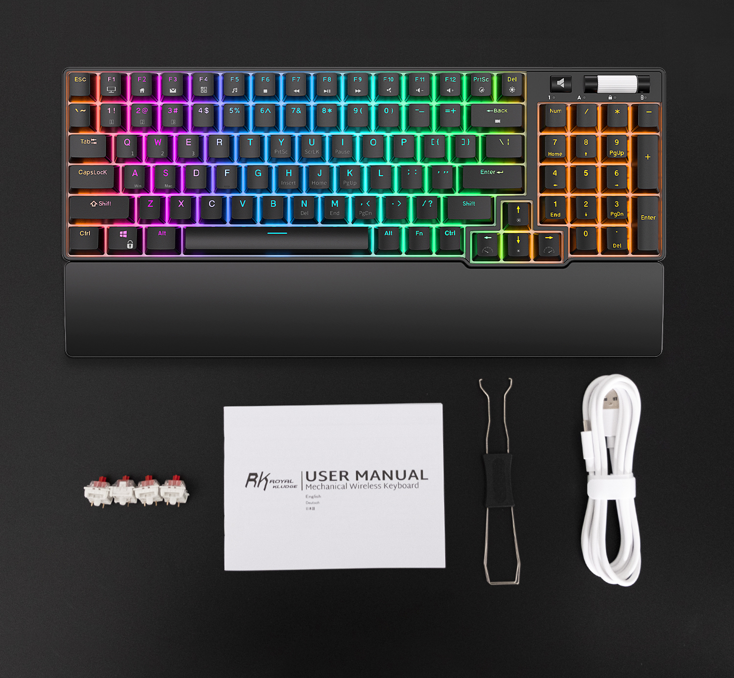Package Includes:  1 x RK96 Mechanical Keyboard  1 x 2 in 1 Keycap & Switch Puller  4 x Replacement