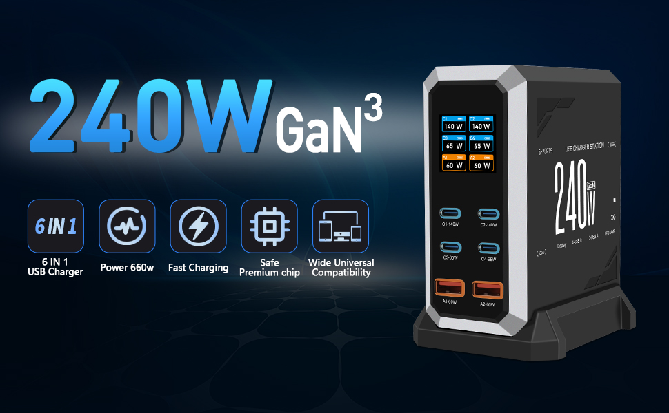 USB C Charger Block, 240W GaN USB C 6-Port Charger Station, Laptop Power PD Adapter with Touch Contr