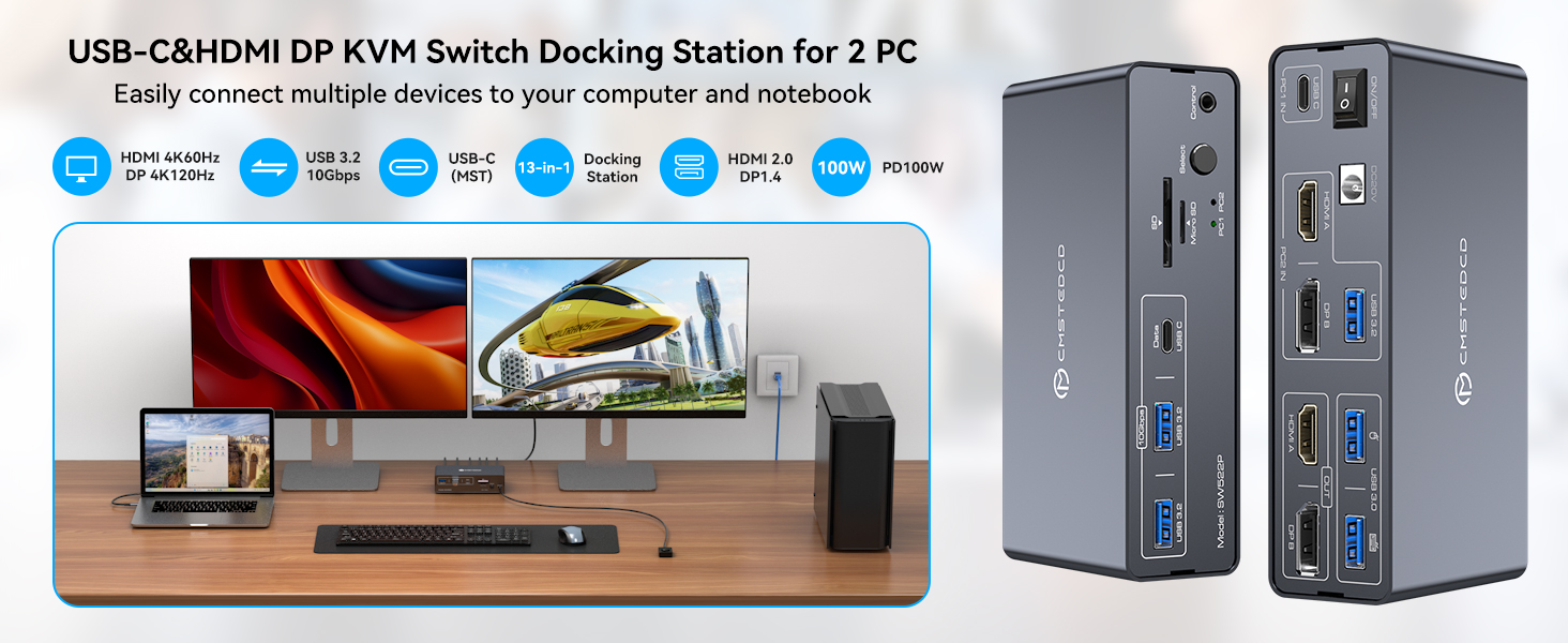 KVM Switch 2 Monitors 2 Computers, KVM Docking Station USB C + HDMI/DP Input with 100W PD