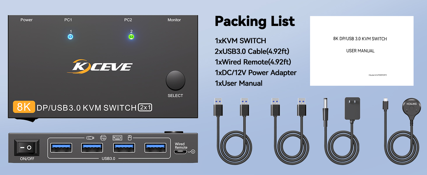 2 in 1 Out DisplayPort KVM Switch 2 Computers 1 Monitor, 8K@60Hz/4K@240Hz 2 Ports DP KVM Switch