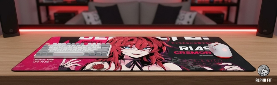 Crimson red haired demon girl anime gaming mouse pad XXL gothic waifu desk mat