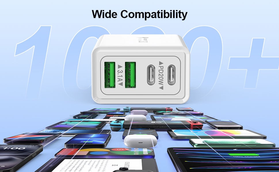 USB C Charger Block, 2-Pack 40W 4-Port PD Fast Charging Dual USB C Wall Charger, Multiport Power Ada