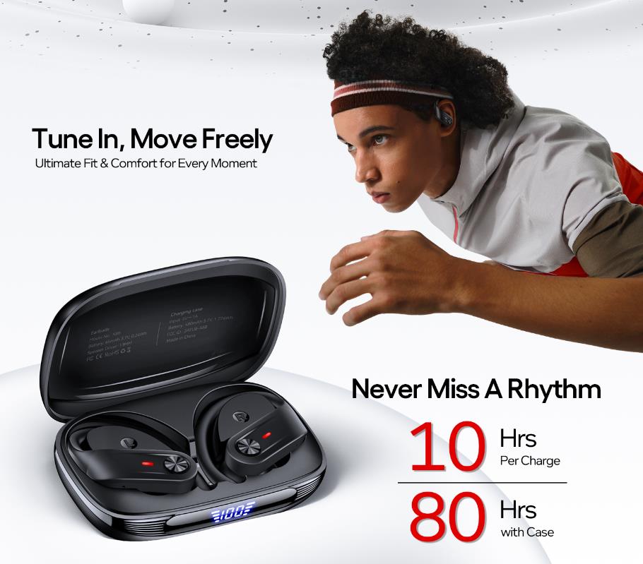 Bluetooth Headphones, Wireless Earbuds 80Hrs Playtime, IPX7 Waterproof Digital Display Sport Ear Bud