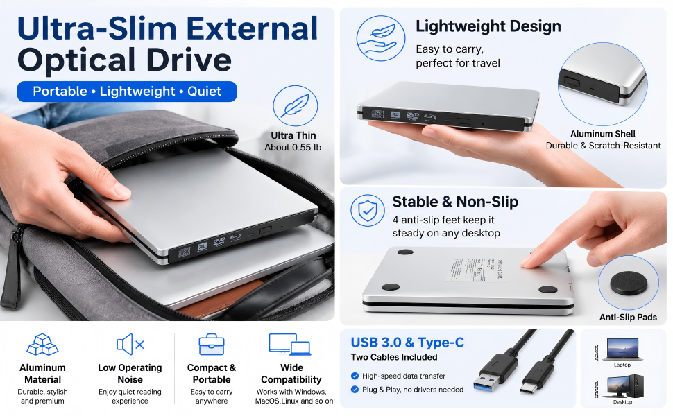 Premium Aluminum 4K UHD External Blu-Ray Drive, 4K External Blu-ray Burner, USB 3.0 & Type C Dual In