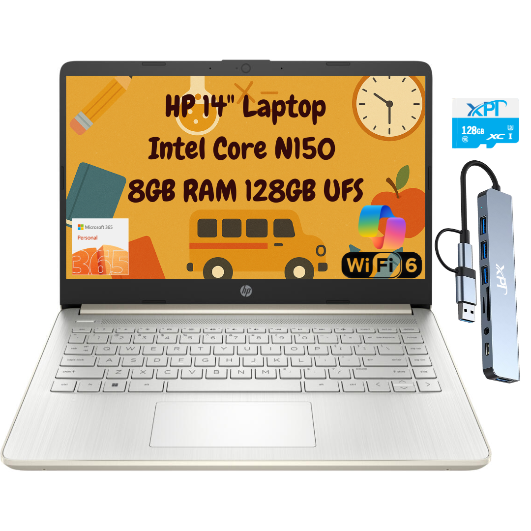 HP 14 HD Intel N150 4GB 8GB 12GB RAM 128GB eMMC WiFi Student Personal Laptop Gold Copilot Windows 11