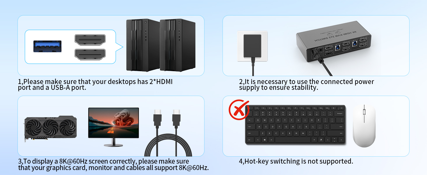 8K@60Hz HDMI KVM Switch 2 Monitors 2 Computers, Aluminum KVM Switch with 4 USB 3.0 Ports