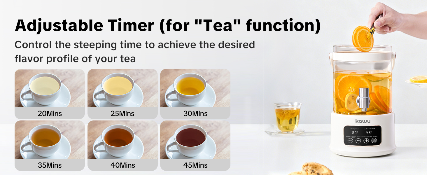 An adjustable timer (for the "Tea" function) controls the steeping time to achieve your desired tea
