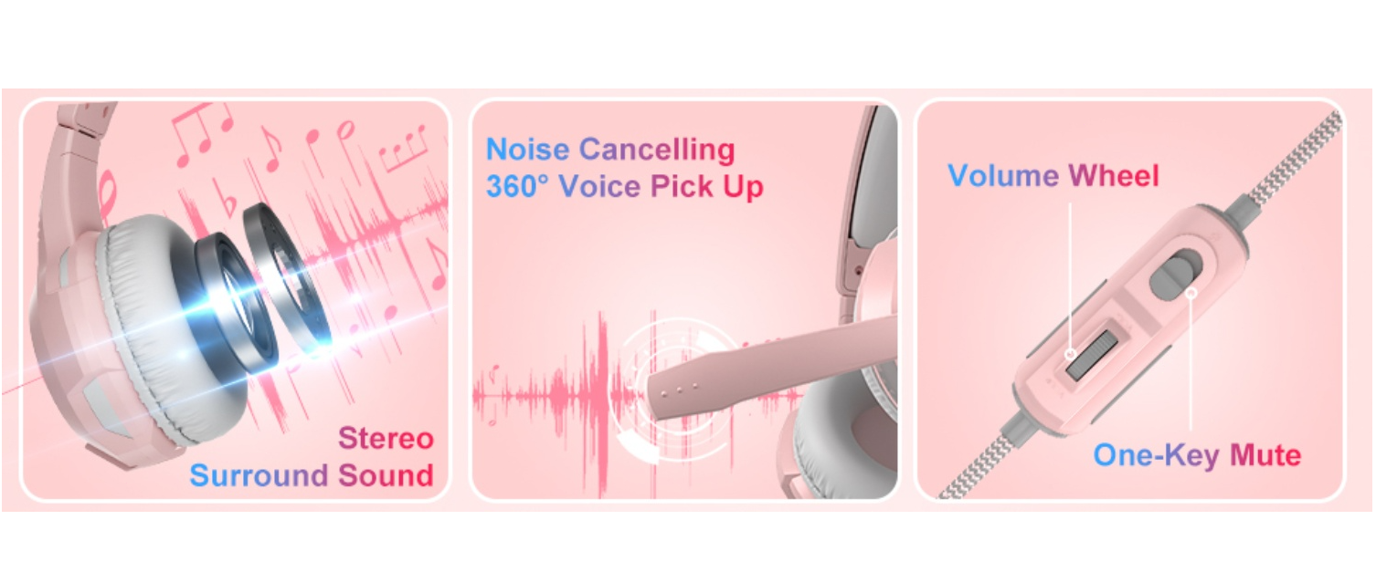 Stereo sound, 360° noise cancel mic, volume & mute control