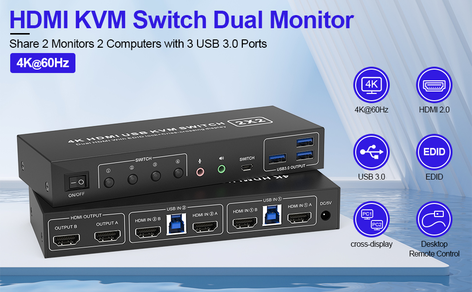 AUTYUE USB 3.0 HDMI KVM Switch 2 Montiors 2 Computers, 4K@60Hz Dual Monitor KVM Switch with 3 USB 3.