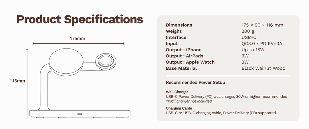 Product specifications for black walnut wood 3-in-1 wireless charger stand
