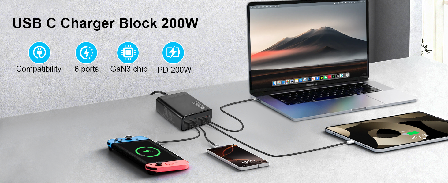 200W USB C Charger, GaN III PD 100W 6-Port USB Charging Station for Multiple Devices, Portable Lapto