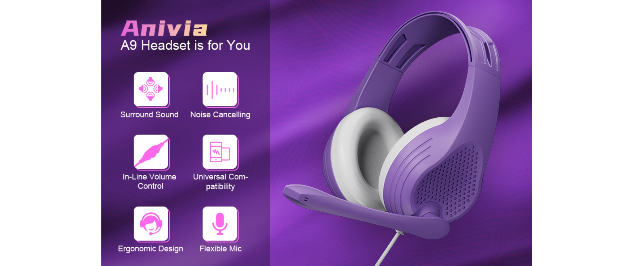 Anivia A9 purple wired headset, feature list, gaming headphone with mic