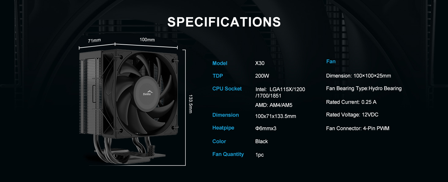SAMA X30 Single-Tower CPU Air Cooler Black
