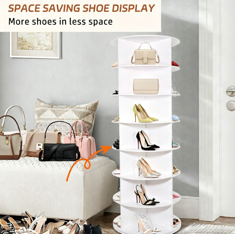 7 tier rotating white shoe rack tower, 360 spinning shoe organizer, freestanding shoe storage, space