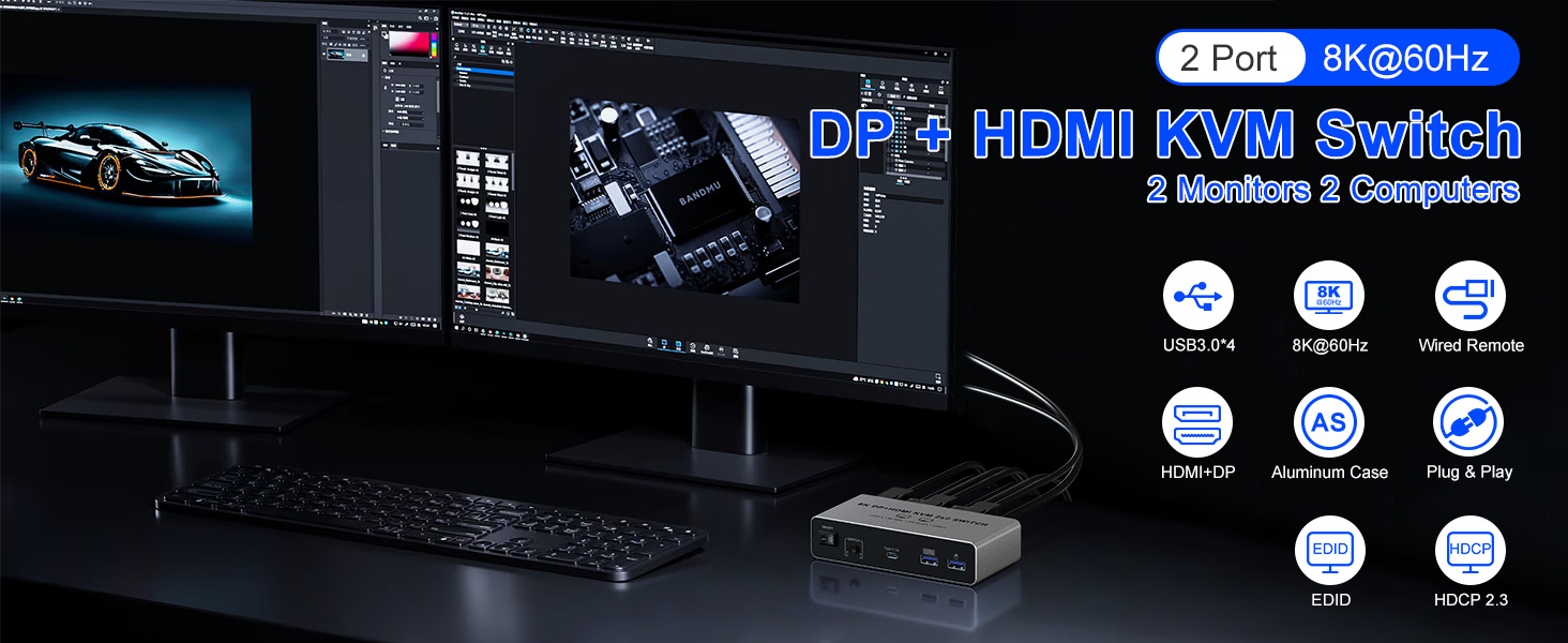 USB3.0 Displayport + HDMI KVM Switch 2 Monitors 2 Computers, 8K@60Hz Dual Monitor KVM Switch with Ty