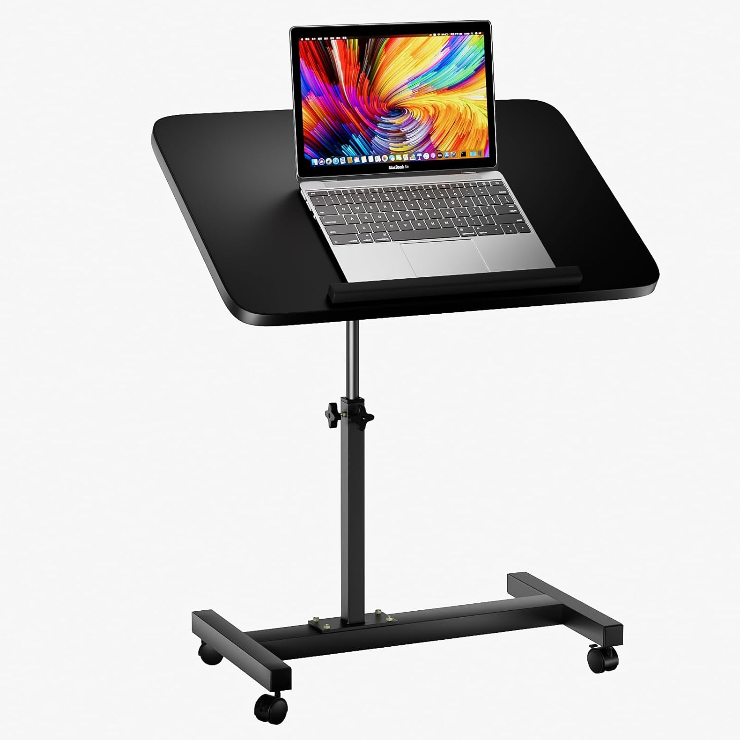 height adjustable rolling laptop desk, mobile sit stand computer table, portable overbed workstation