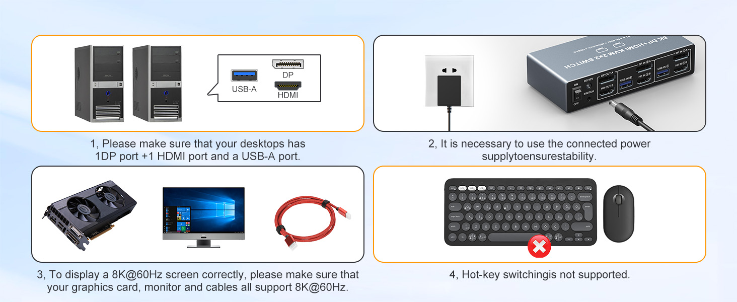 8K Dual Monitor KVM Switch, DisplayPort HDMI KVM Switch 2 Monitors 2 Computers, 4 USB 3.0 Ports