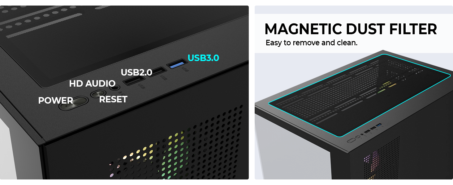 Compact Micro-ATX case with dual-chamber airflow,3 ARGB fans, 430mm GPU, and 360mm radiator support.