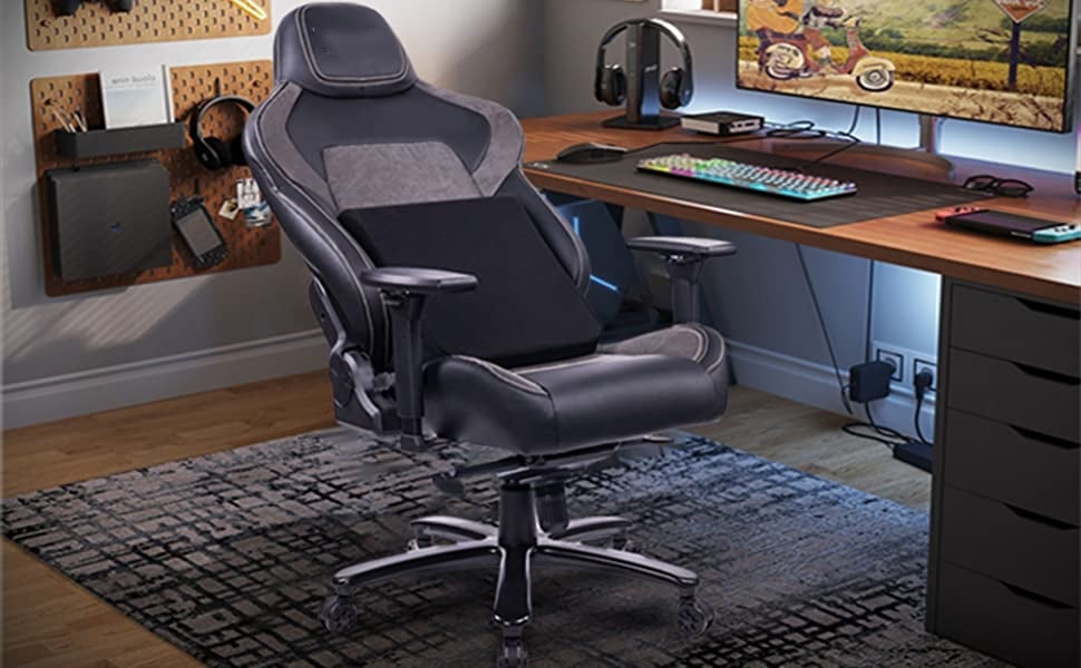 FANTASYLAB Memory Foam Gaming Chair Office Chair 300lbs with Velvet Lumbar  Support,Racing Style PU Leather High Back Adjustable Swivel Task Chair with  Footrest Black 