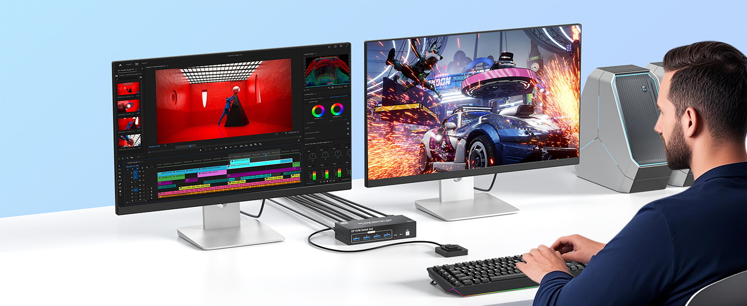 8K@60Hz DisplayPort KVM Switch 2 Monitors 2 Computers, 4K@144Hz Dual Monitor DP KVM Switch with 4 US