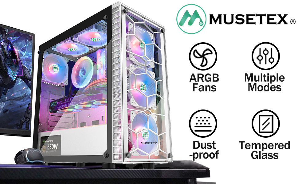 MUSETEX ATX Mid Tower Gaming Computer Case 6 ARGB Fans (Pre 