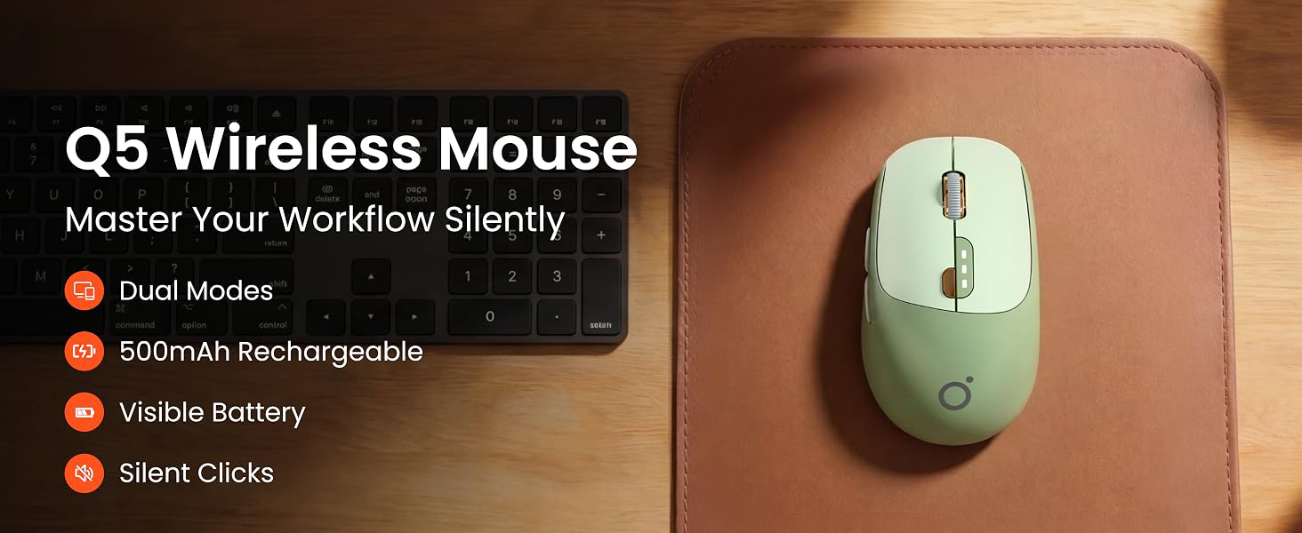 Dual-Mode Bluetooth Wireless Mouse with Visible Battery Indicator - Green Bluetooth 5.0 & 2.4G, Sile