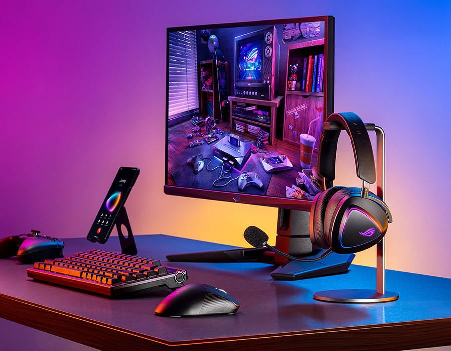 Gaming setup with ROG keyboard, gaming mouse, ROG phone and gaming headset on a stand under purple-orange lighting