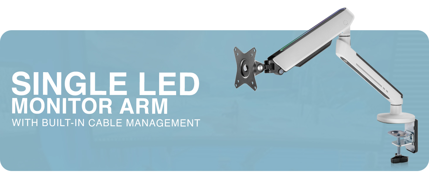single monitor arm, LED monitor arm, RGB monitor arm, gaming monitor arm, VESA mount, ergonomic