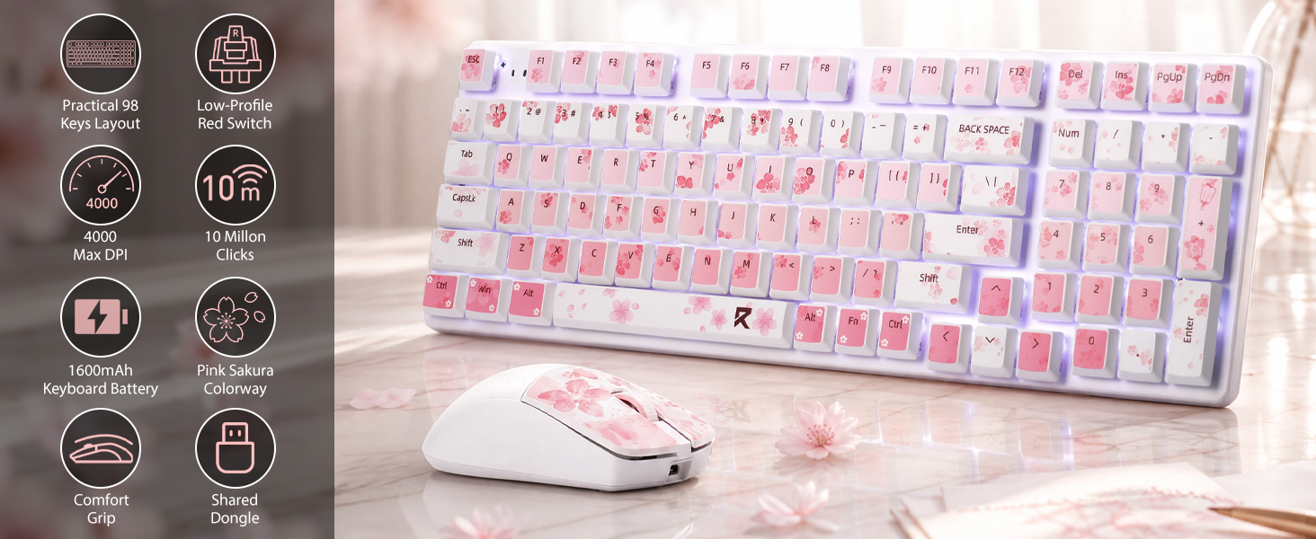 Redragon BS7552 Wireless 98-Key Low-Profile Keyboard & 4000 DPI Mouse Combo