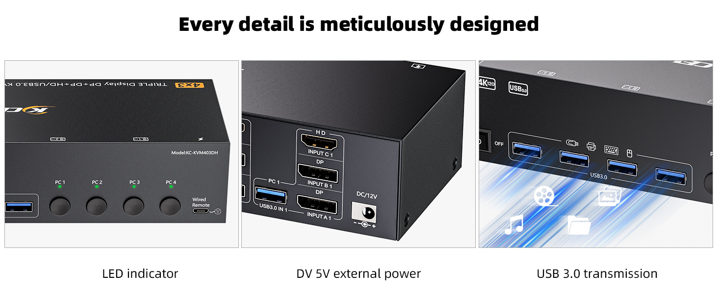 To make 3 monitors working, each computer will need 1 HDMI cable + 2 DP cables + 1 USB cable connect