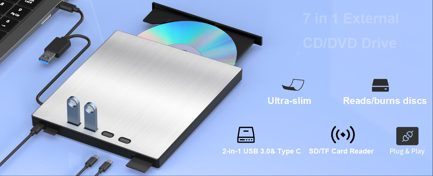 7-in-1 External CD DVD Drive, USB 3.0 Type-C CD/DVD Drive External USB with SD/TF Card Reader, Exter
