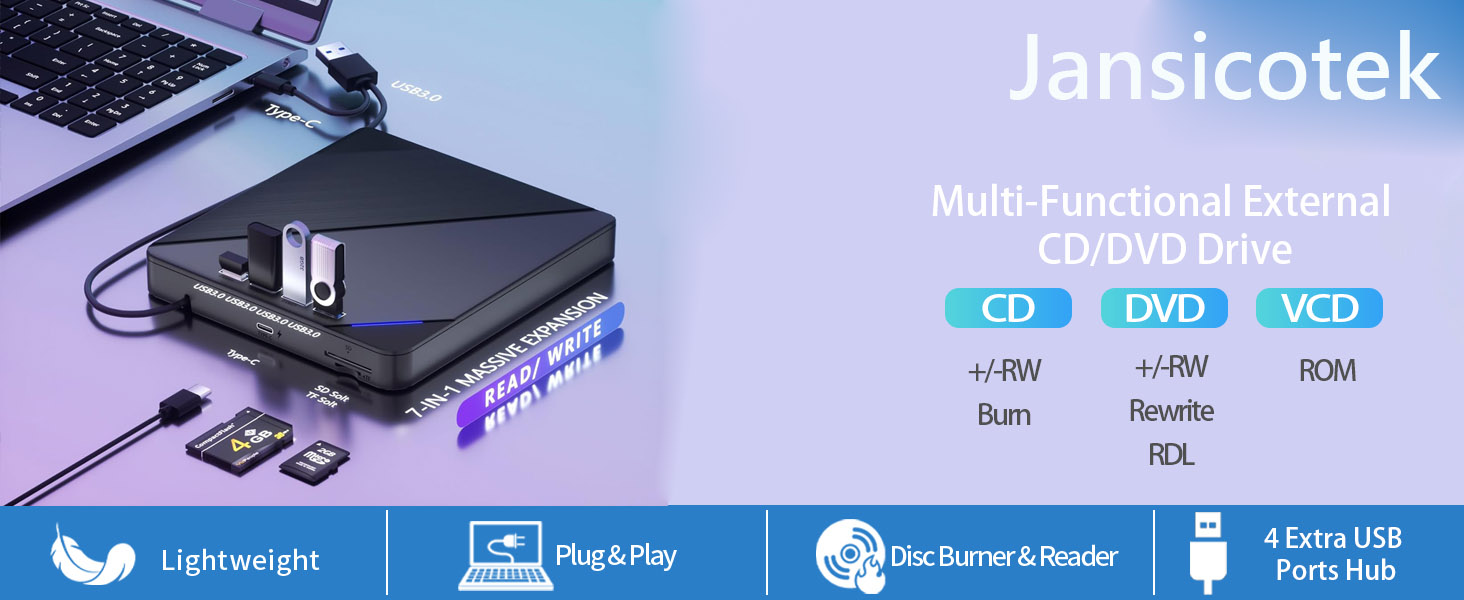 7 in 1 External CD/DVD Drive for Laptop