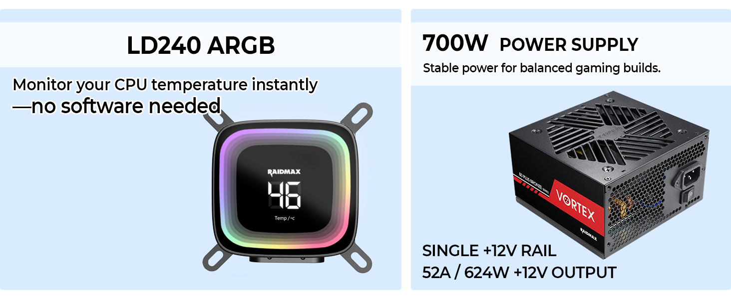 Includes a 240mm ARGB liquid cooler and 700W power supply for an easy, high-performance PC build.