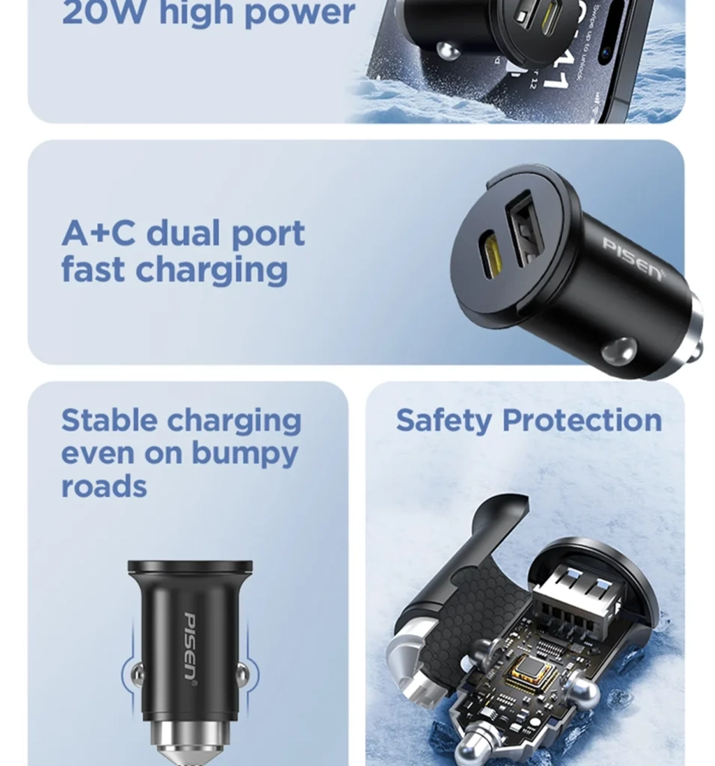 PISEN-Quick USB-C+USB-A 20W Mini Car Charger
