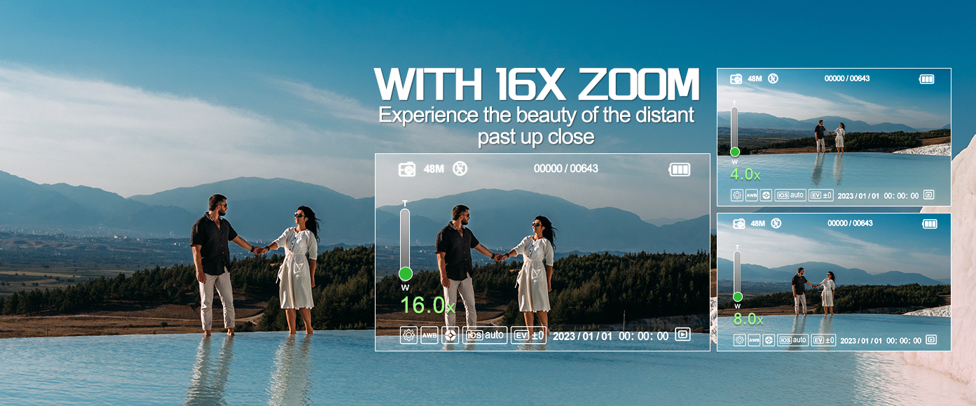 16x digital zoom magnifies distant scenery sharply, capturing faraway views without quality loss.