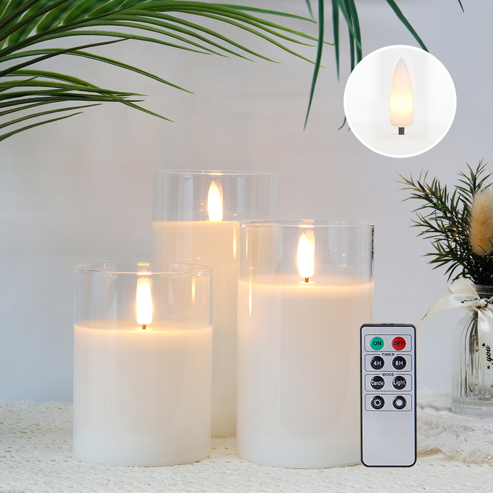 JHY DESIGN Set of 3 Glass Wax Flameless Candles 3D Effect