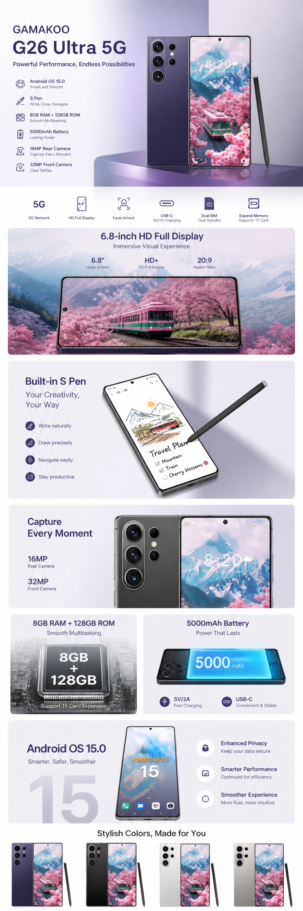 G26 ultra S Pen 128G android unlocked smartphone cell phone
