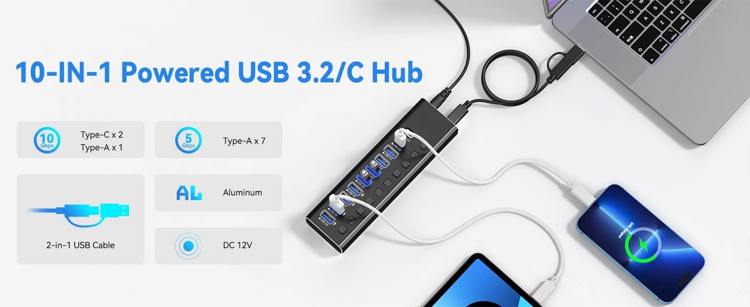 Powered USB Hub, 10-Port USB 3.2/USB C Hub with 10Gbps USB-A 3.2, 2 USB-C  3.2, 7 USB 3.0 Ports, Individual Switches and 12V Power Adapter, Aluminum USB  Port Expander for Laptop/PC, KZW-U10 