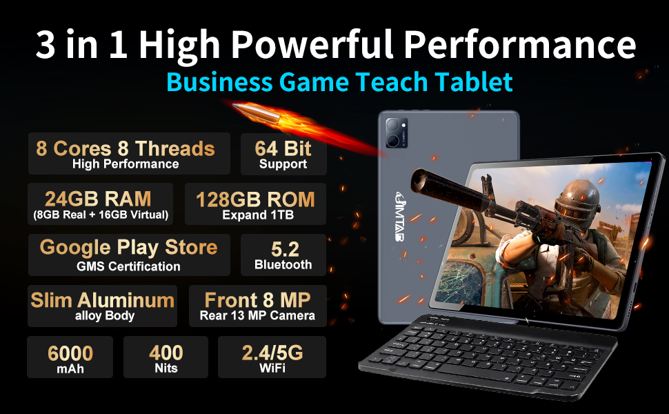 2024 Newest Tablet Android 12 Tablets 10 Inch, Tablet 128GB ROM+16GB RAM  (8+8 Virtual), 2 In 1 Tablet with keyboard, Powerful Octa-Core+13MP Camera