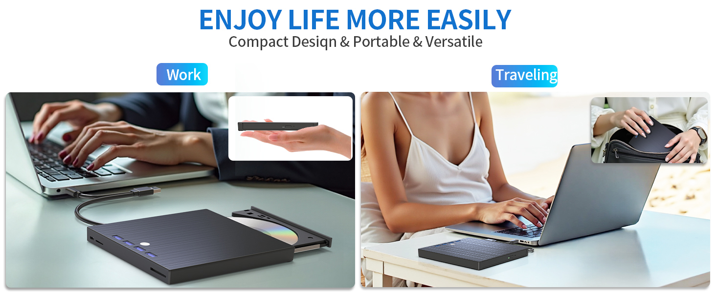[7 in 1] External DVD Drive, USB 3.0 and Type-C CD Burner Player with 4 USB Ports