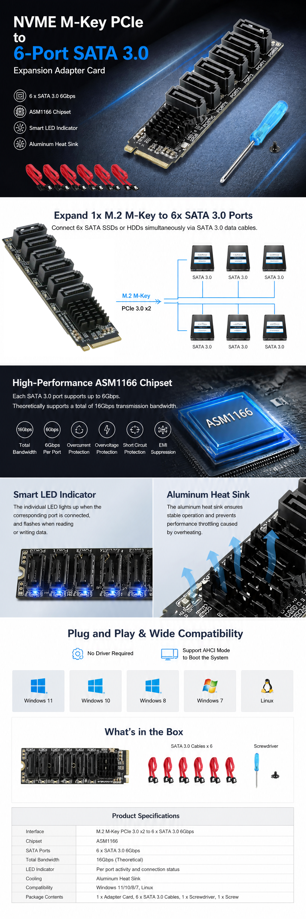 nvme to sata adapter 6Gbps SATA3, 6 ports