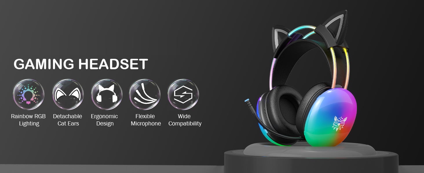 Hitoor Cat Ear Gaming Headset with Mic, RGB Rainbow Lighting, Surround Sound, 3.5mm Wired Over-Ear