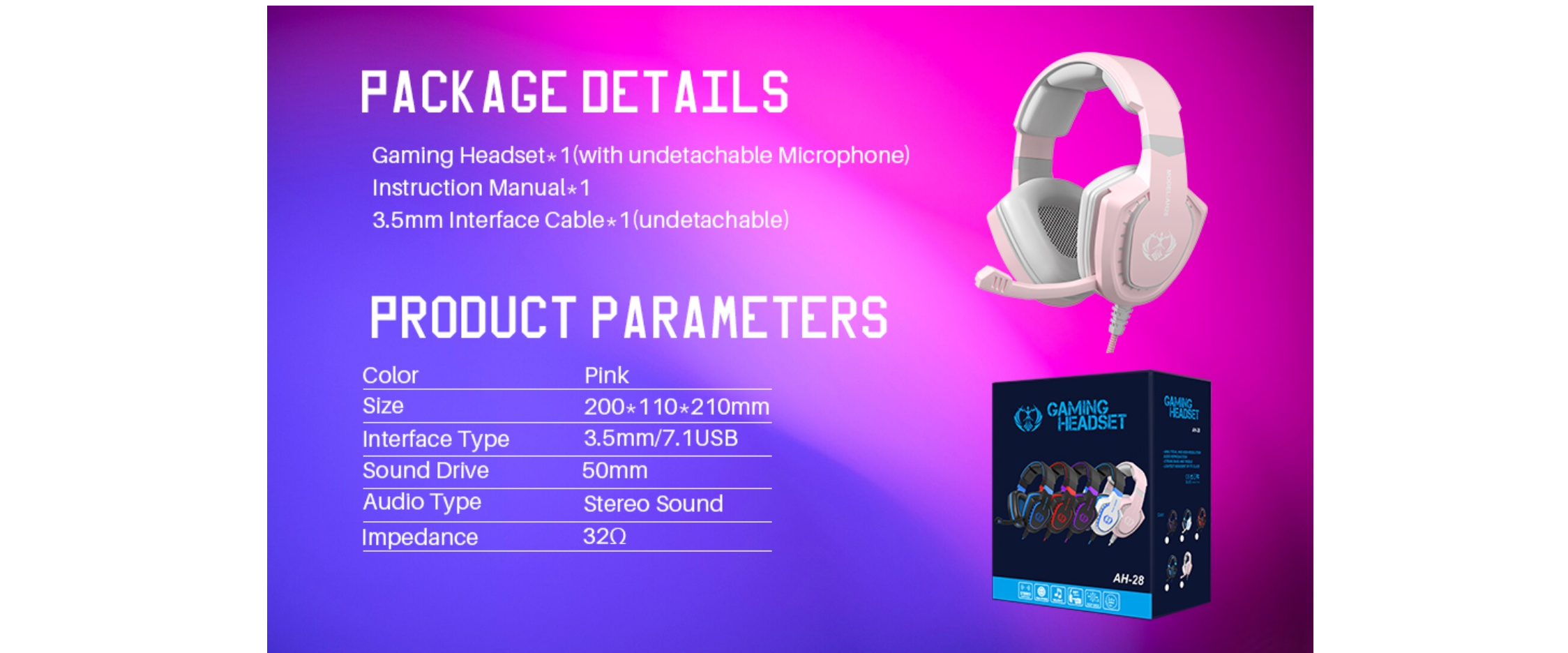 AH28 gaming headset,package contents,specifications,50mm driver,32ohm impedance,3.5mm wired headphon
