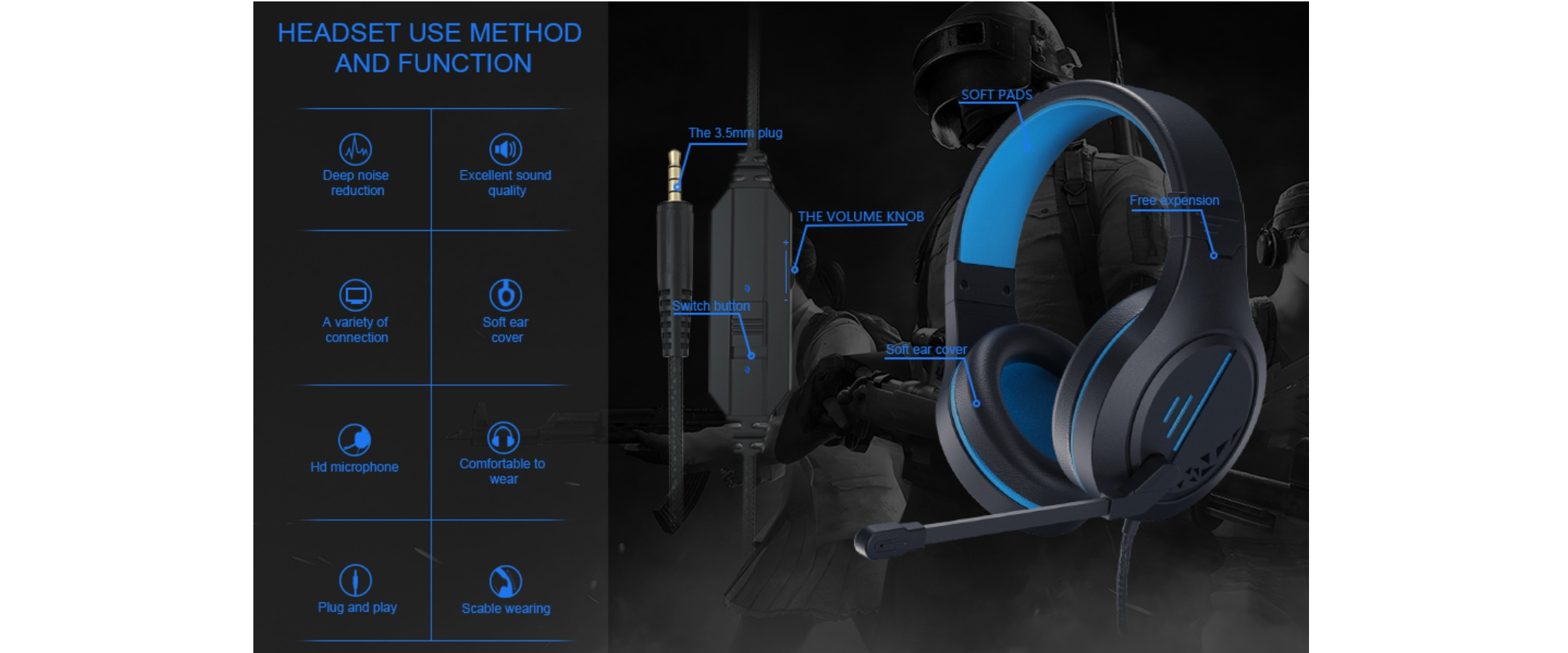 Anivia MH601 gaming headset, wired 3.5mm, in-line control, soft ear pads, noise reduction