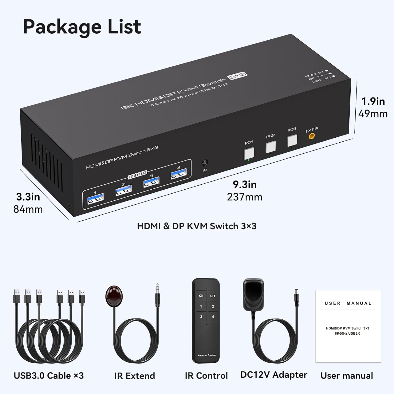 Package of 8K@60Hz 1 HDMI + 2 Displayport KVM Switch 3 PC 3 Monitors