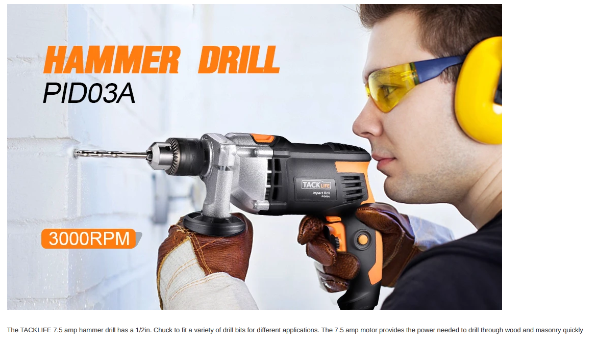 TACKLIFE PID03B-Hammer Drill, 7.5A 3000 