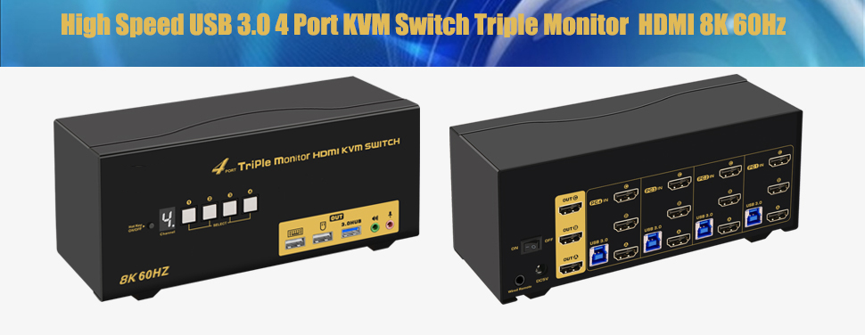 USB 3.0 Triple Display HDMI KVM Switch, HDMI 2.1 8K@60Hz 4K@120Hz Triple Monitor KVM Switch for 3 Mo