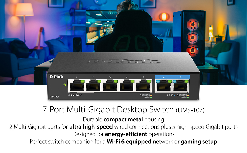 D-Link 7 Port 2 Multi-Gigabit 2.5Gb 5 gigabit ports metal high speed unmanaged desktop gaming switch
