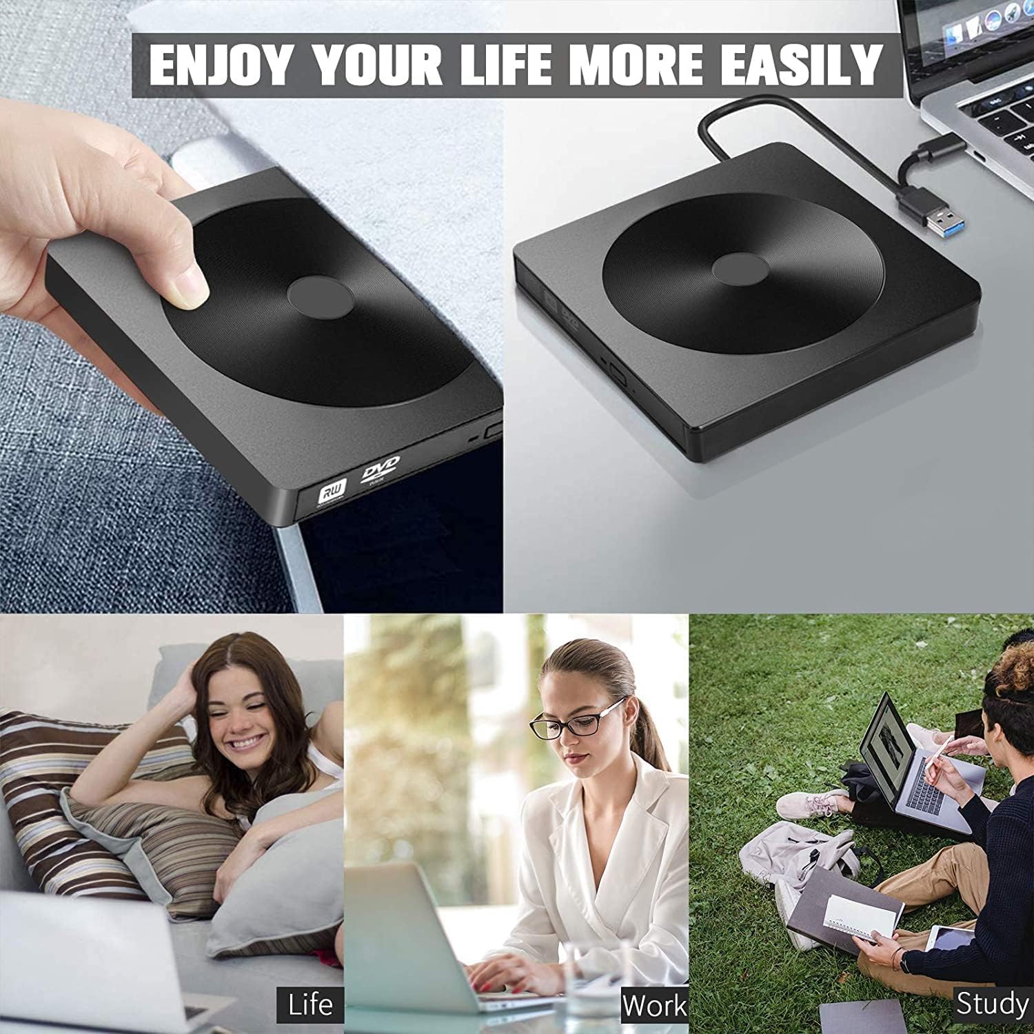 External CD DVD Drive for Laptops, USB 3.0 & Type-C Portable CD/DVD Drive and CD DVD Burner for Lapt