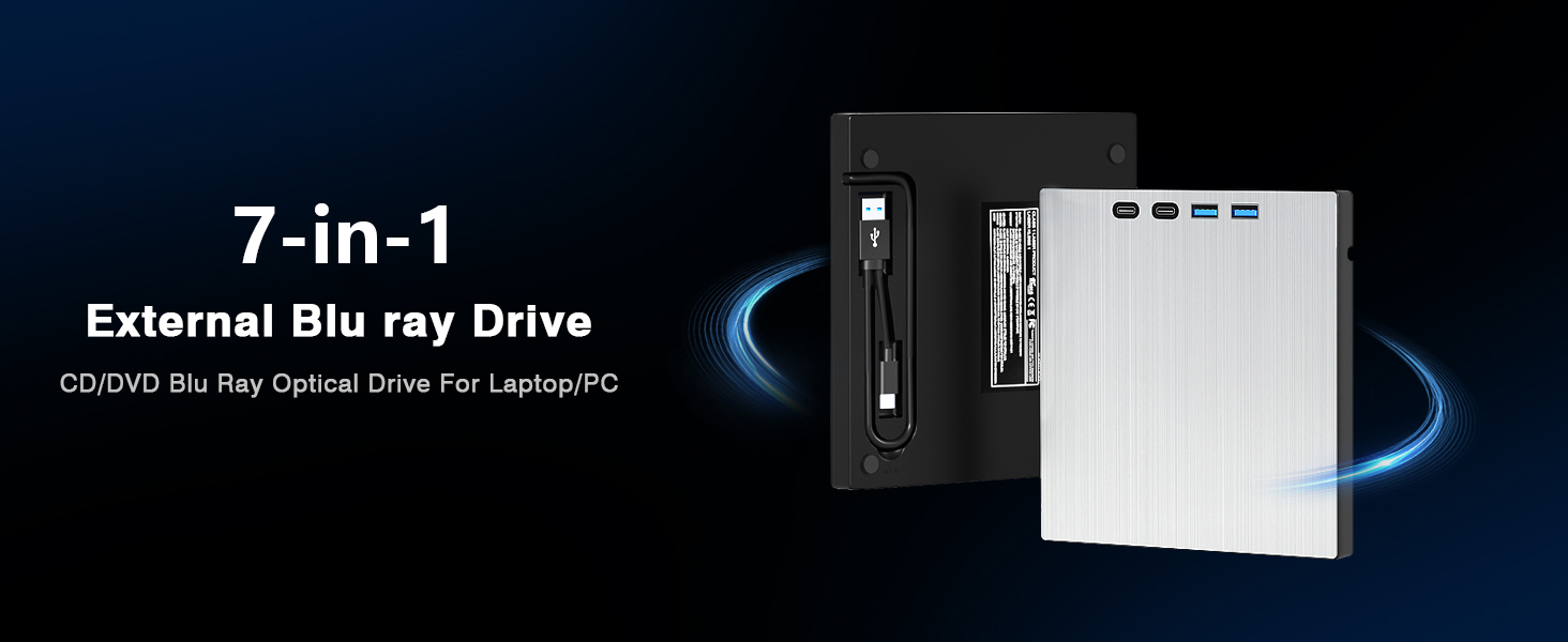 USB 3.0 Type-C External Blu-ray Burner, 100GB BD Read Write Drive | [7-in-1] Multi-functional Blu-ra